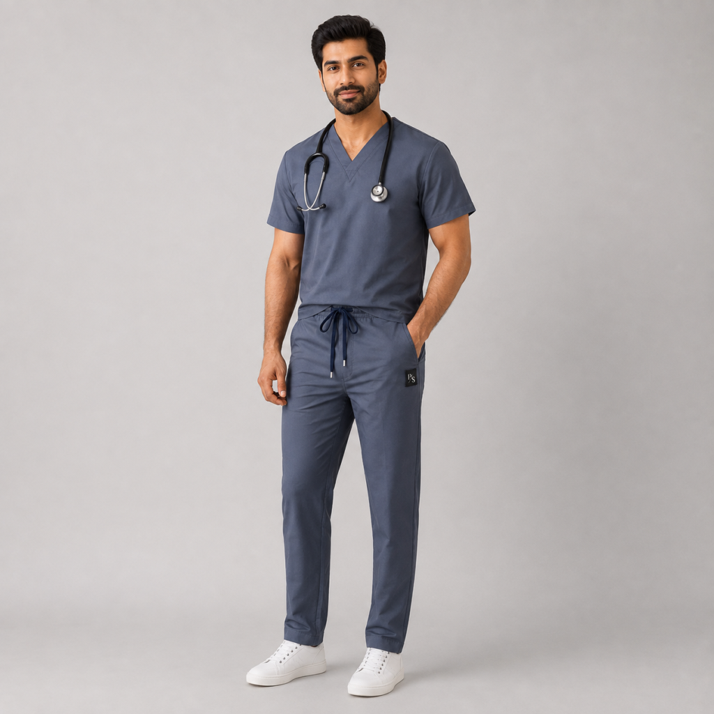 Steel Grey Premium Scrub Set – Breathable V-Neck Top & Pocket Pants for Nurses & Doctors