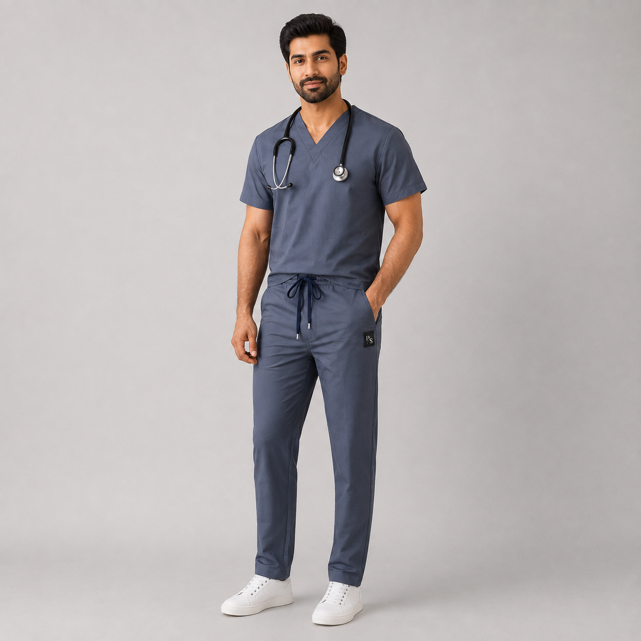 Steel Grey Premium Scrub Set – Breathable V-Neck Top & Pocket Pants for Nurses & Doctors
