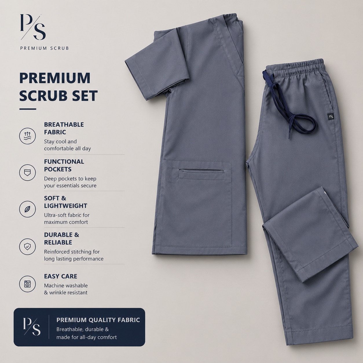 Steel Grey Premium Scrub Set – Breathable V-Neck Top & Pocket Pants for Nurses & Doctors - Image 4