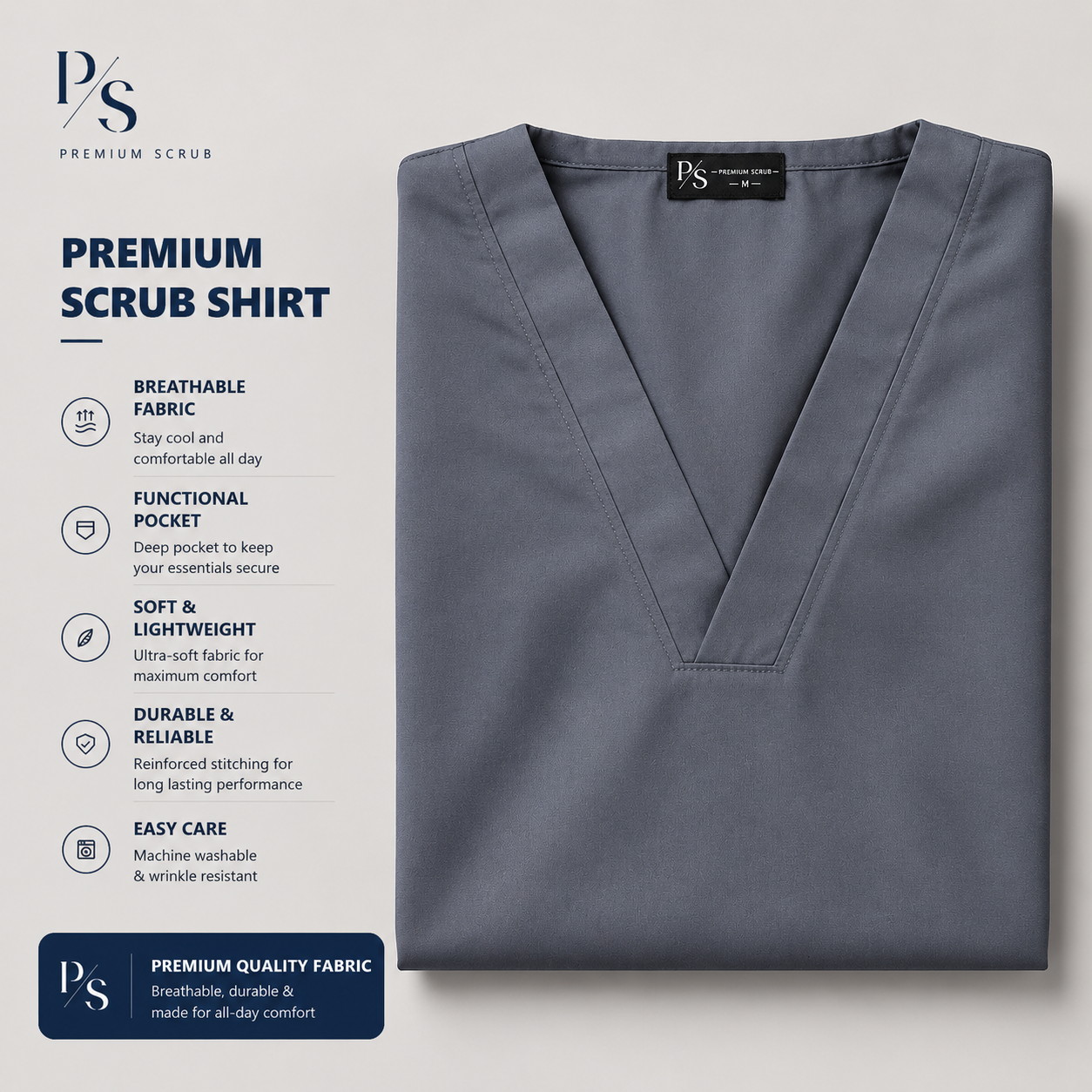 Steel Grey Premium Scrub Set – Breathable V-Neck Top & Pocket Pants for Nurses & Doctors - Image 3
