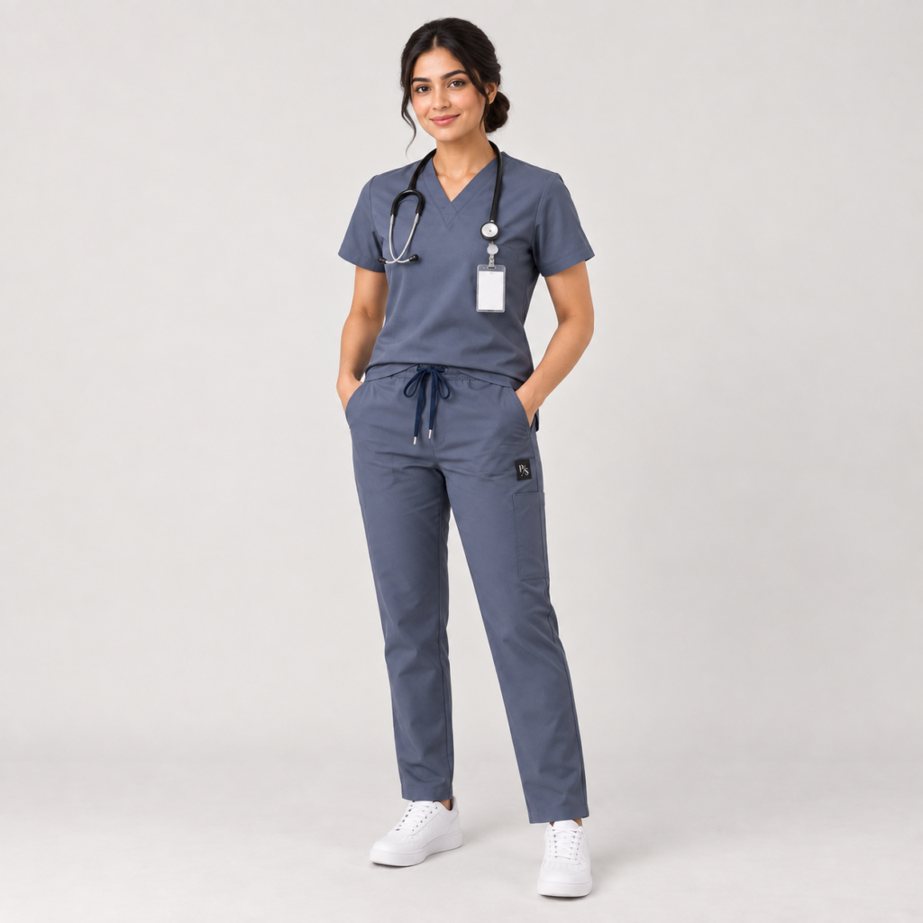 Women’s Steel Grey Medical Scrub Set – V-Neck Top & Pocket Pants | Premium Scrub