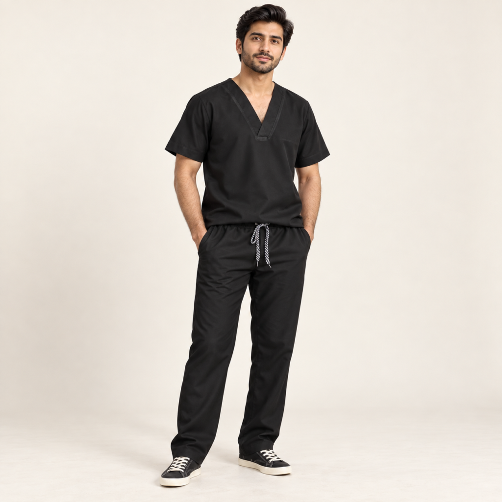 Premium Black Medical Scrub Set – Breathable V-Neck Top & Pocket Pants for Doctors & Nurses