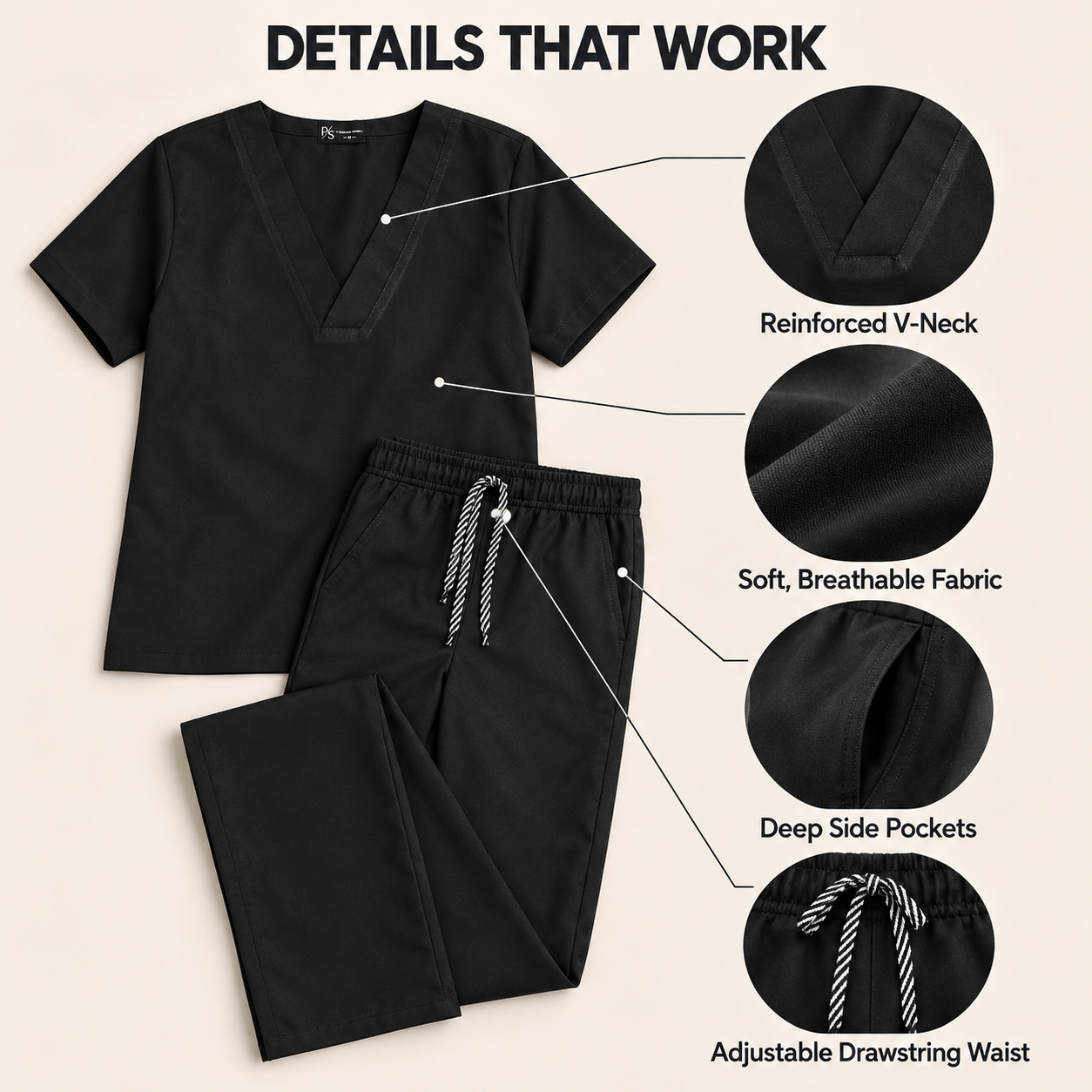 Premium Black Medical Scrub Set – Breathable V-Neck Top & Pocket Pants for Doctors & Nurses - Image 5