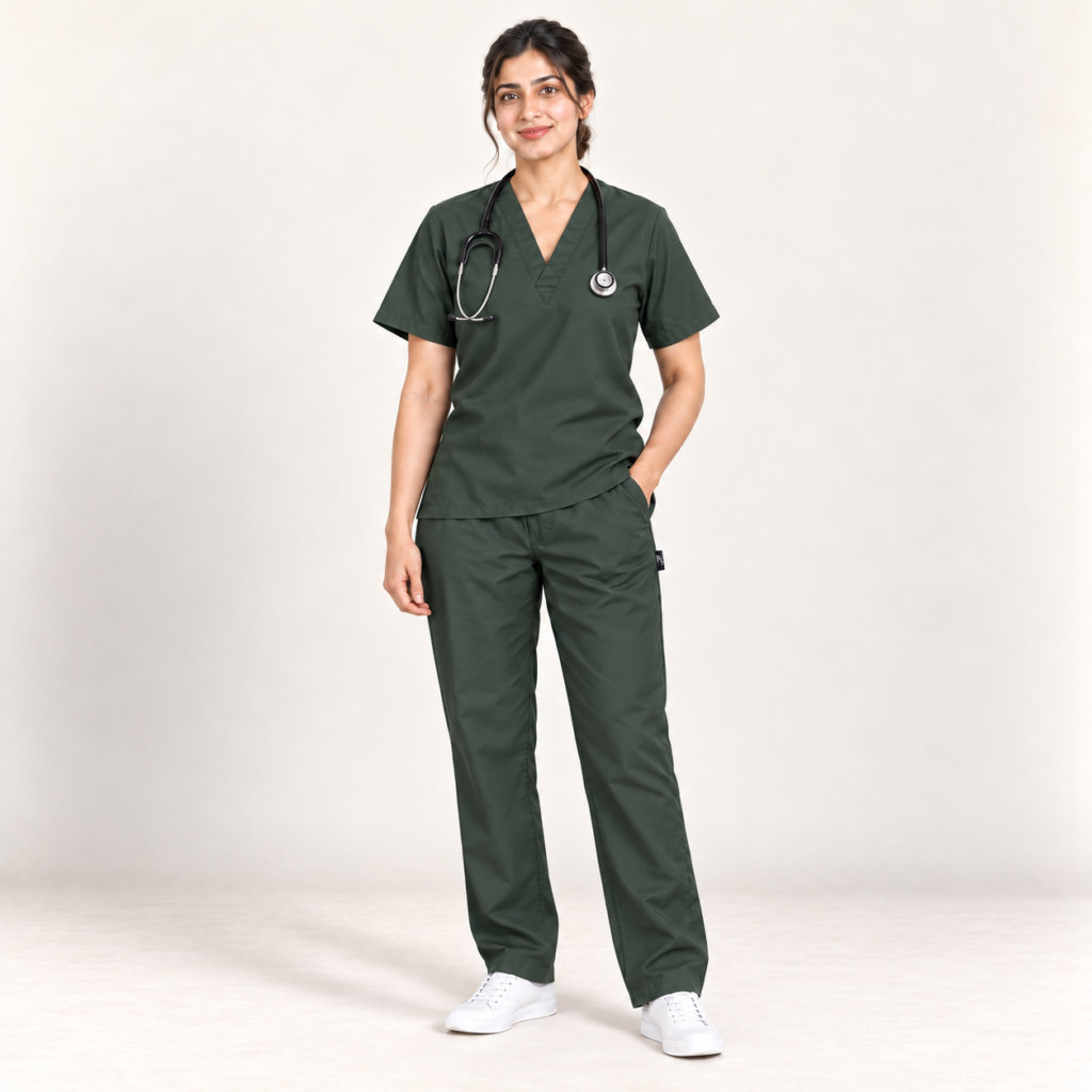 Women’s Forest Green Medical Scrub Set – V-Neck Top & Pocket Trousers | Premium Scrub