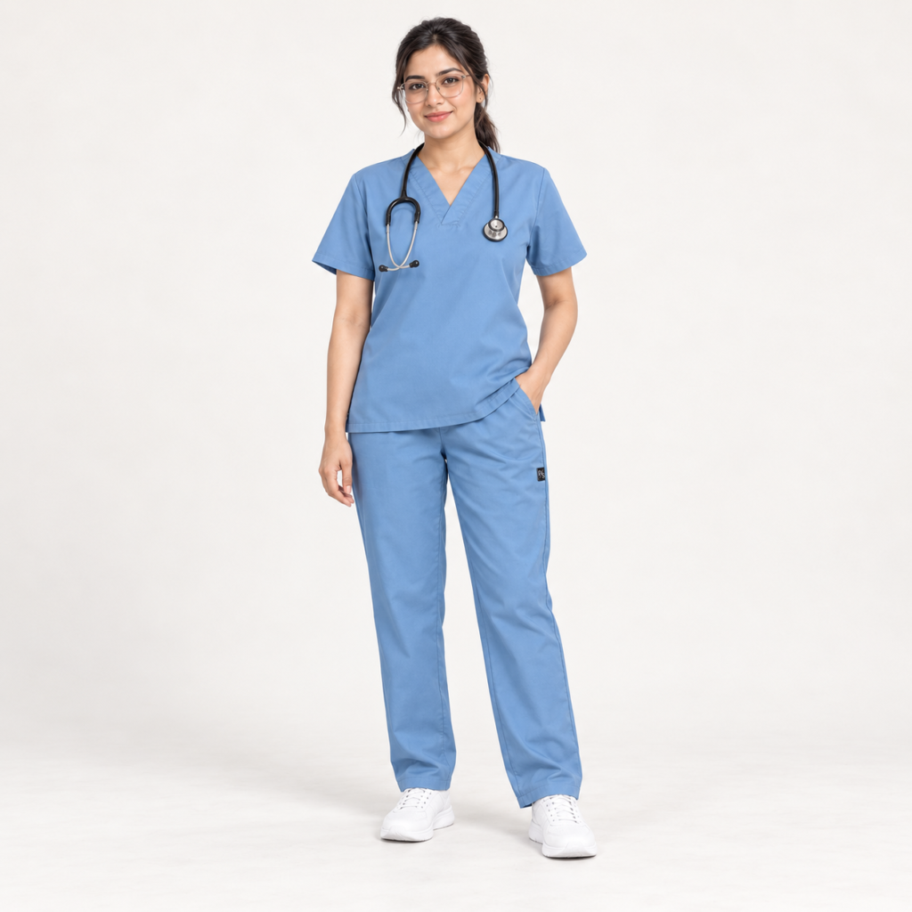 Women’s Ceil Blue Medical Scrub Set – V-Neck Top & Pocket Trousers | Premium Scrub