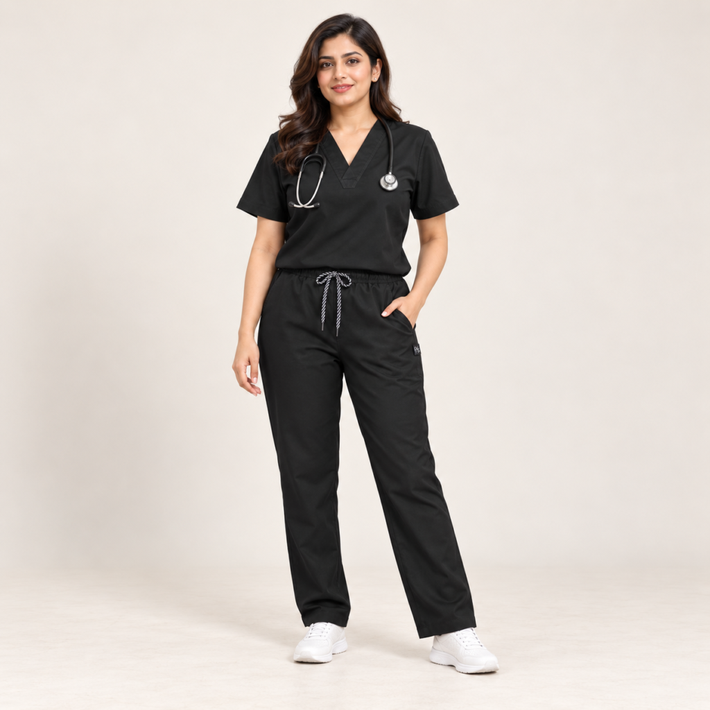Women’s Black Medical Scrub Set – V-Neck Top & Pocket Pants | Premium Scrub