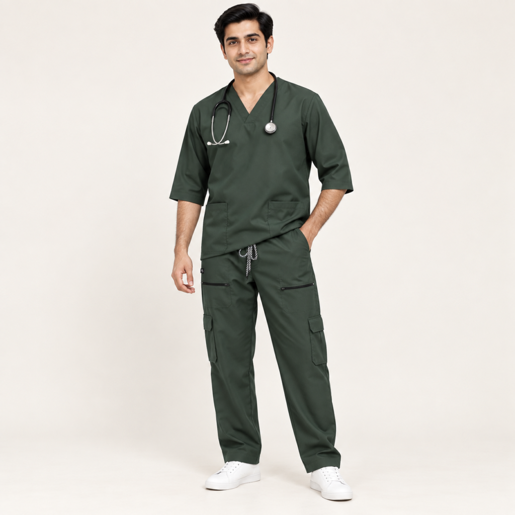 Men’s Forest Green Medical Scrub Suit – 8-Pocket Set | Premium Scrub