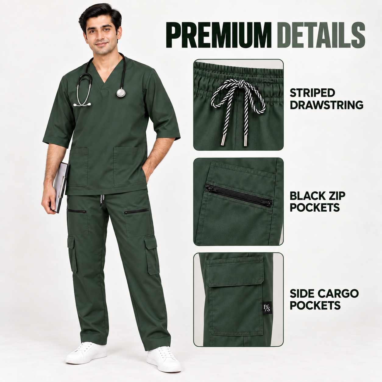 Men’s Forest Green Medical Scrub Suit – 8-Pocket Set | Premium Scrub - Image 4