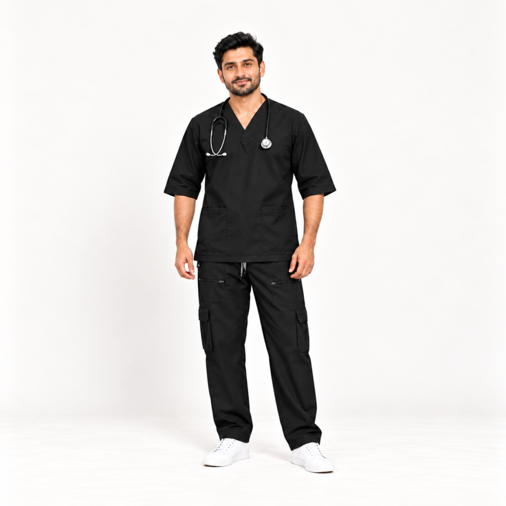 Men’s Black Medical Scrub Suit – 8-Pocket V-Neck Set | Premium Scrub