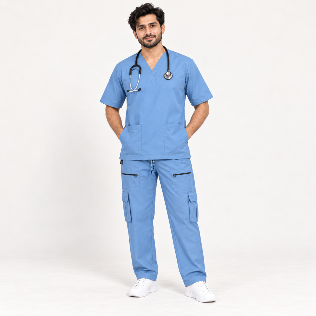 Men’s Ciel Blue Medical Scrub Suit – 8-Pocket V-Neck Set | Premium Scrub