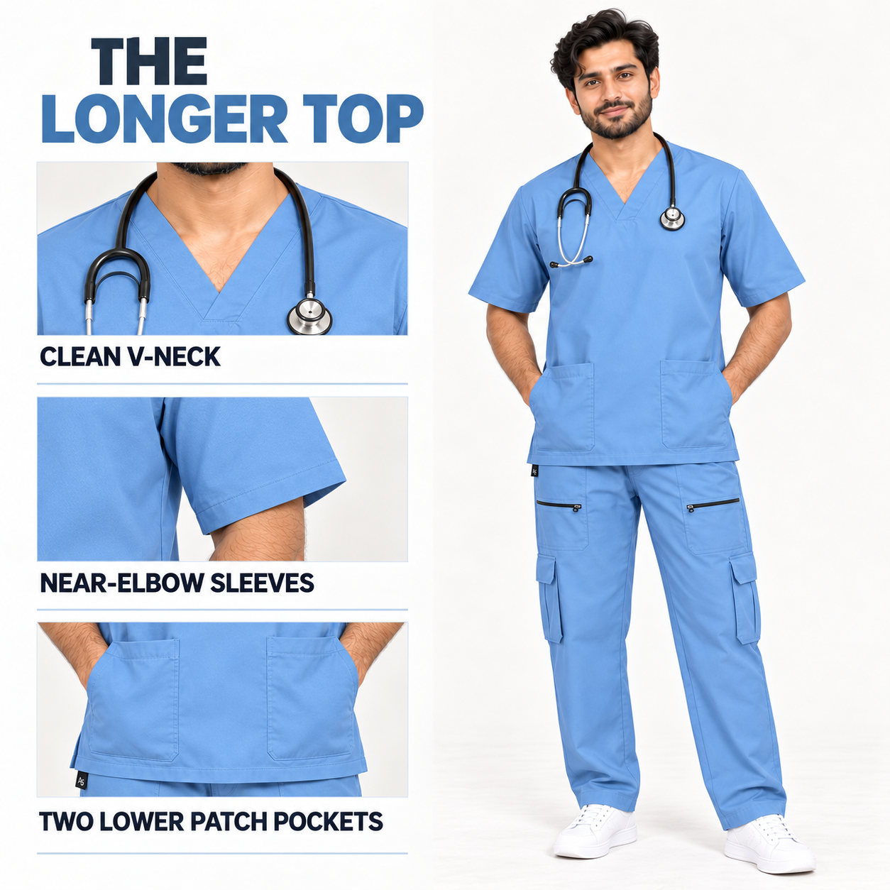 Men’s Ciel Blue Medical Scrub Suit – 8-Pocket V-Neck Set | Premium Scrub - Image 2