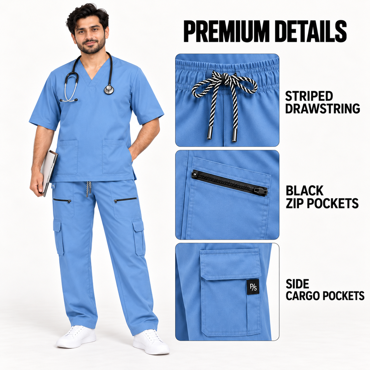 Men’s Ciel Blue Medical Scrub Suit – 8-Pocket V-Neck Set | Premium Scrub - Image 3