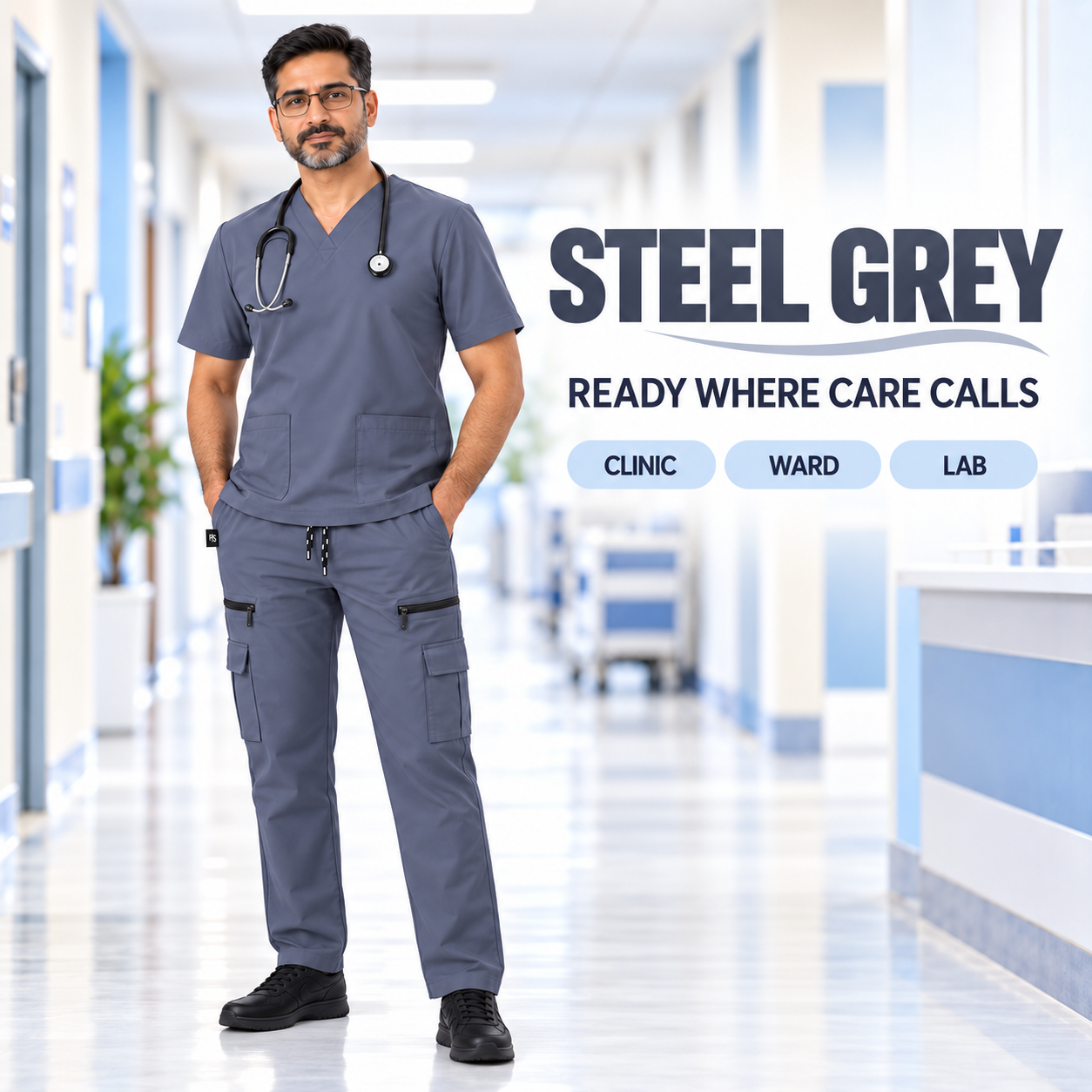 Men’s Steel Grey Medical Scrub Suit – 8-Pocket V-Neck Set | Premium Scrub - Image 6
