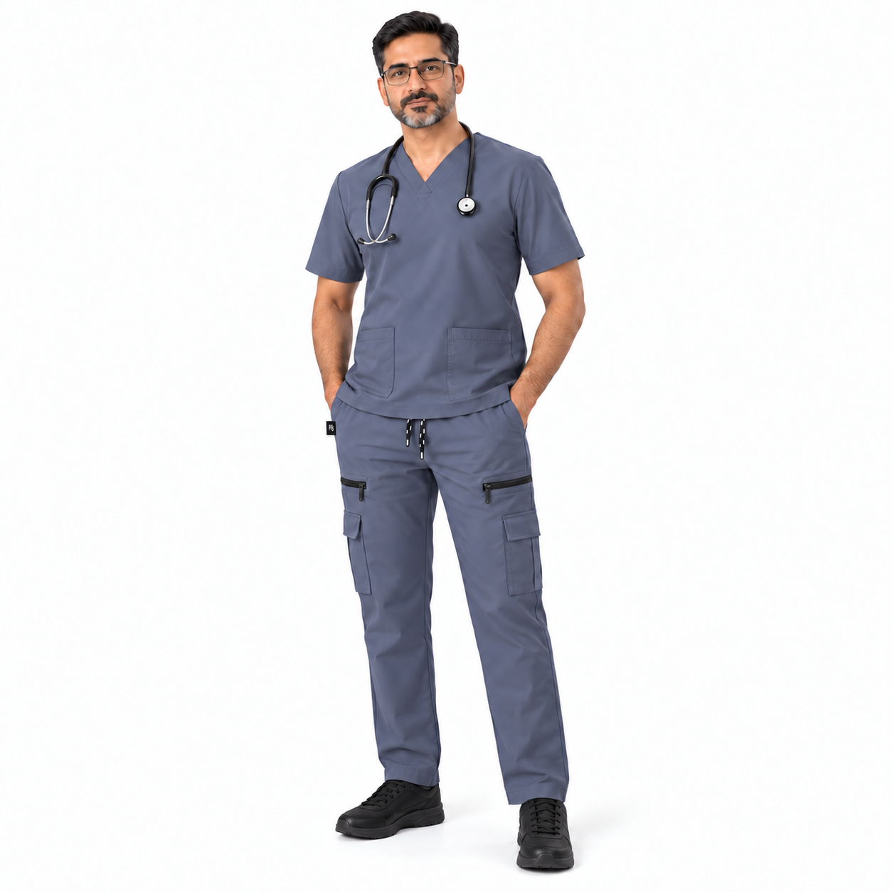 Men’s Steel Grey Medical Scrub Suit – 8-Pocket V-Neck Set | Premium Scrub