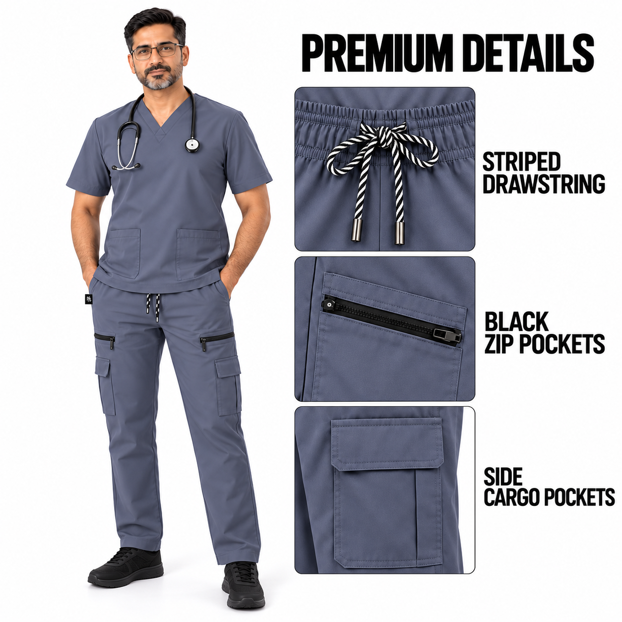 Men’s Steel Grey Medical Scrub Suit – 8-Pocket V-Neck Set | Premium Scrub - Image 3